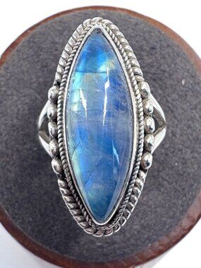 VTG Sterling Silver 925 Labradorite Marquise Bezel Set Statement Ring Size 5.75